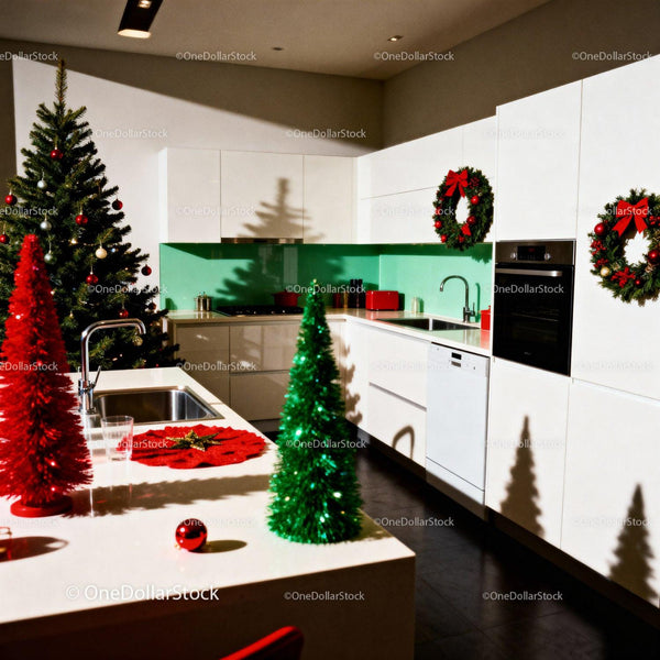 Modern kitchen decorated with festive Christmas accents