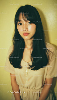 Young Woman with Long Black Hair Wearing a Beige Blouse Indoor