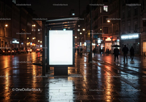 Night Scene of Bus Shelter with Bright Advertising Panel on Wet City Street JPG Mockup Image