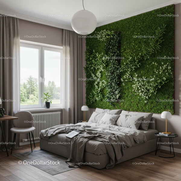 Nowoczesna sypialnia z bujną zieloną ścianą roślinną i naturalnym światłem