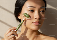 Asian Woman Using Jade Roller for Facial Massage and Skincare