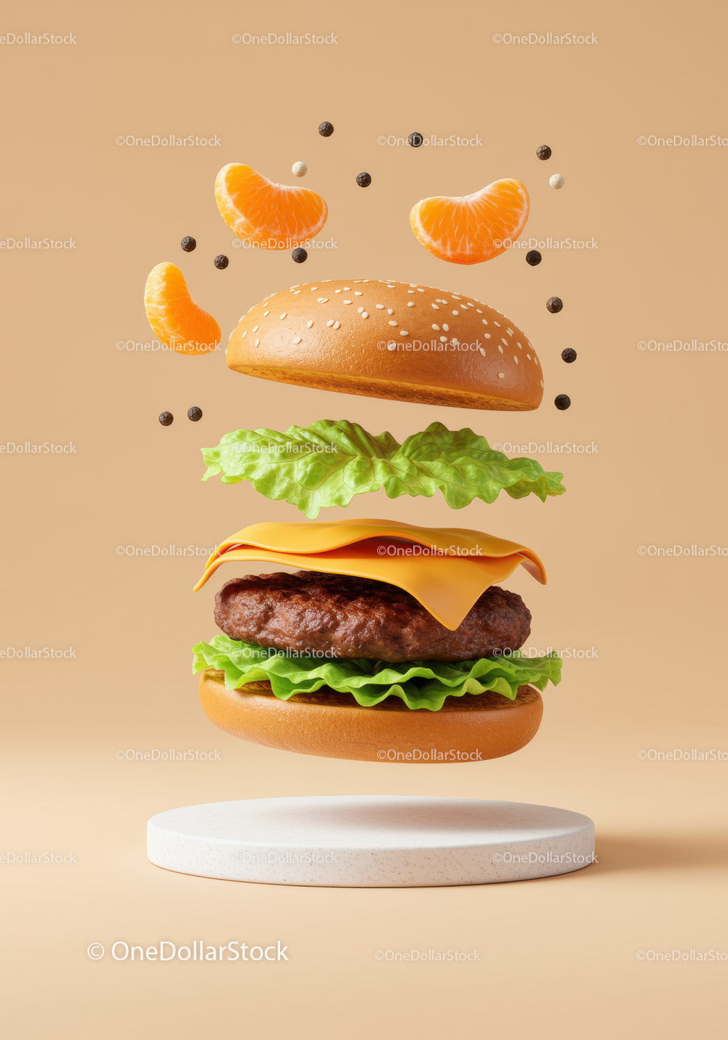 Dekonstruowany cheeseburger z pływającymi plasterkami mandarynki i pieprzem