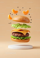 Deconstructed cheeseburger with floating mandarin slices and pepper