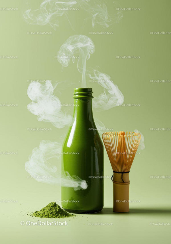 Green Matcha Tea Powder with Bamboo Whisk and Bottle