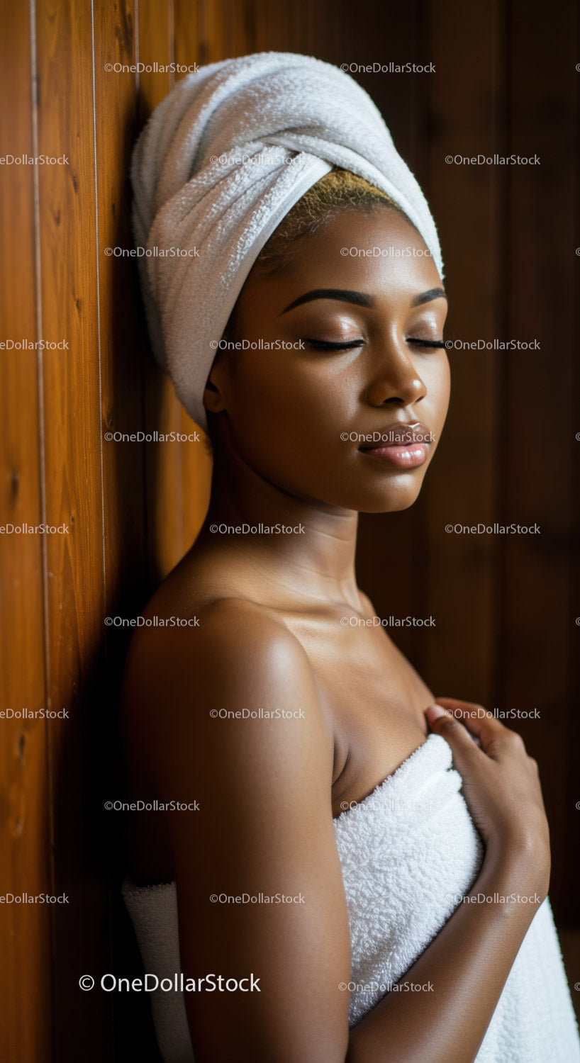 Serene Woman Relaxing with Towel and Spa Hoodie in Spa Setting