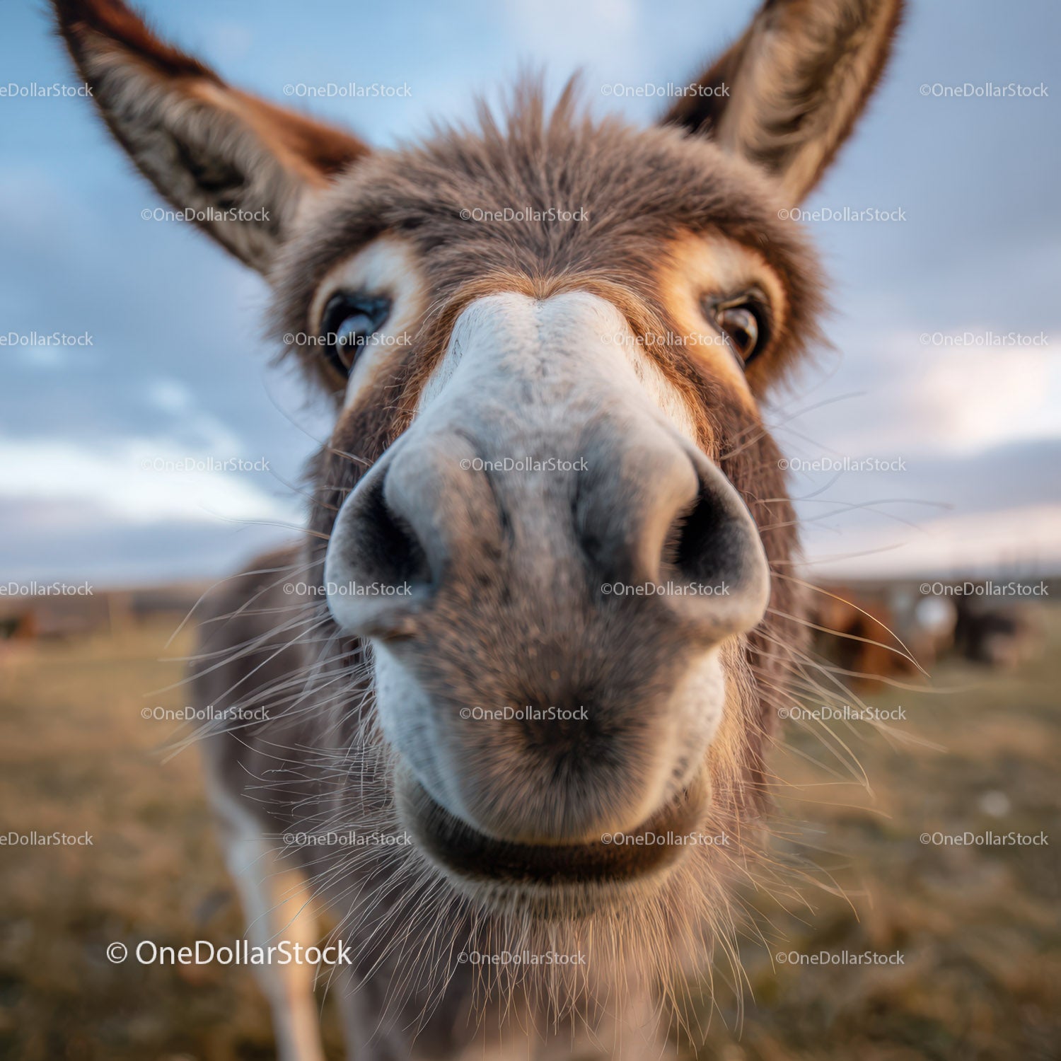 Close-up of Donkey with Large Nose and Expressive Eyes in Pastoral Setting