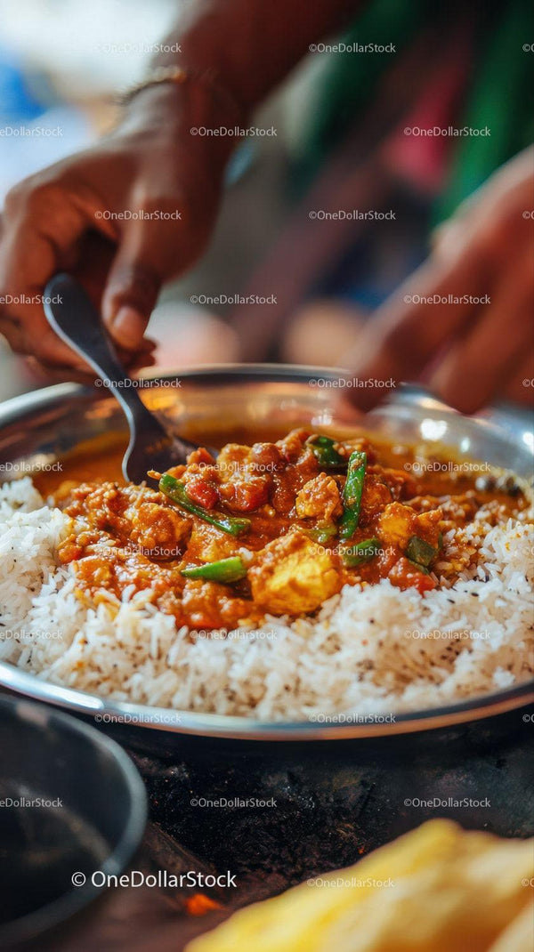 Spicy Curry Served with White Rice in a Street Food Setting