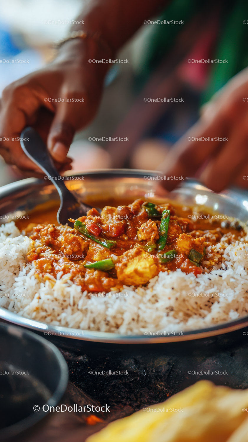 Spicy Curry Served with White Rice in a Street Food Setting