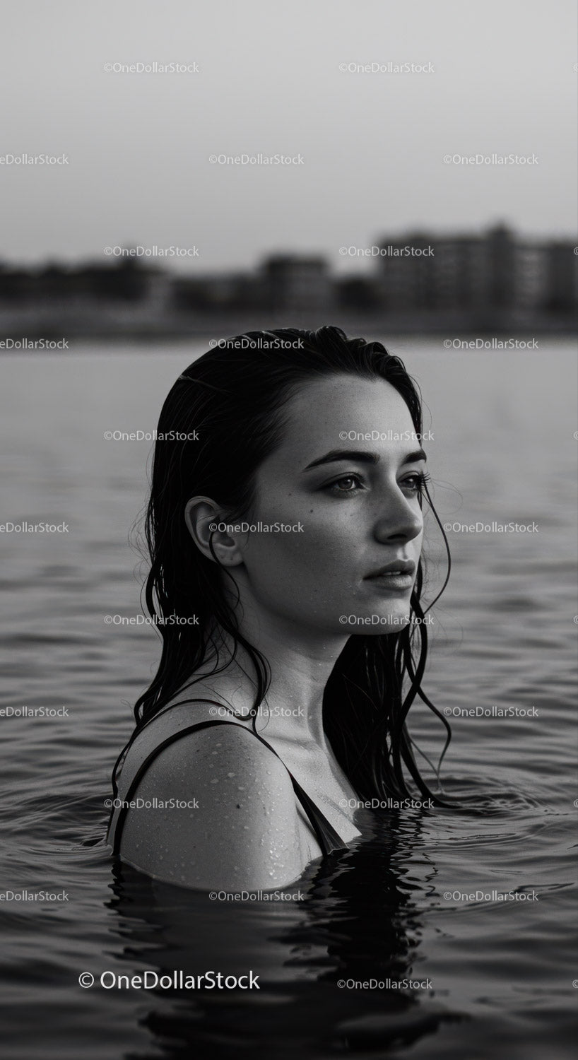 Serene Female Portrait in Water with Urban Background