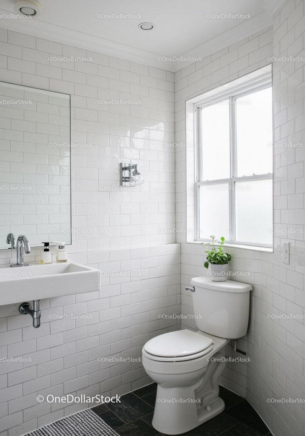 Minimalist White Bathroom with Green Plant and Natural Light