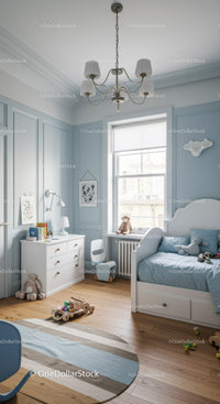 Bright Cozy Nursery with White Furniture and Soft Blue Walls