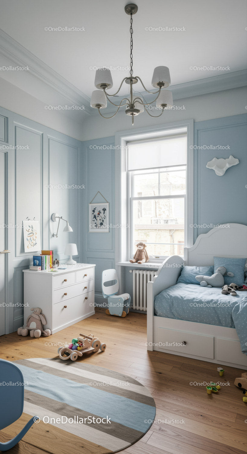 Bright Cozy Nursery with White Furniture and Soft Blue Walls