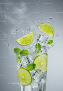 Refreshing lime and mint splash with ice cubes