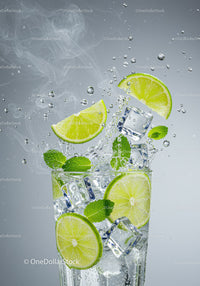Refreshing lime and mint splash with ice cubes