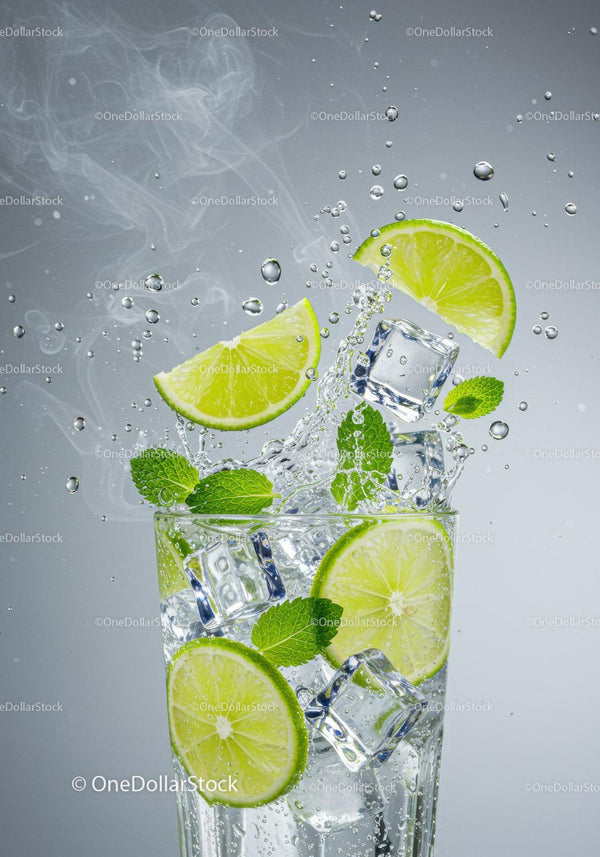 Refreshing lime and mint splash with ice cubes