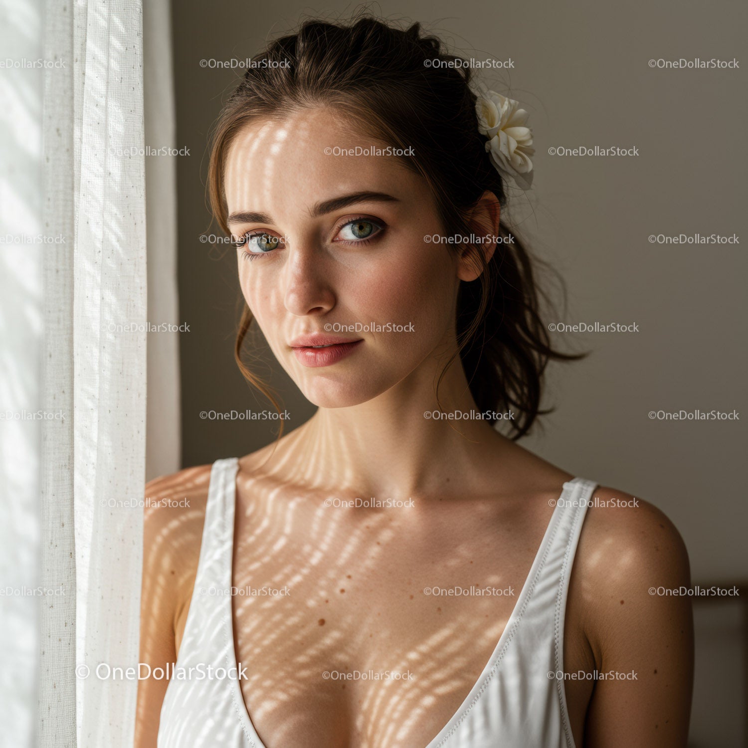 Portrait of a Young Woman with Sunlight Shadows and Natural Light