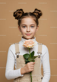 Young Girl with Pale Peach Rose Portrait on Soft Beige Background