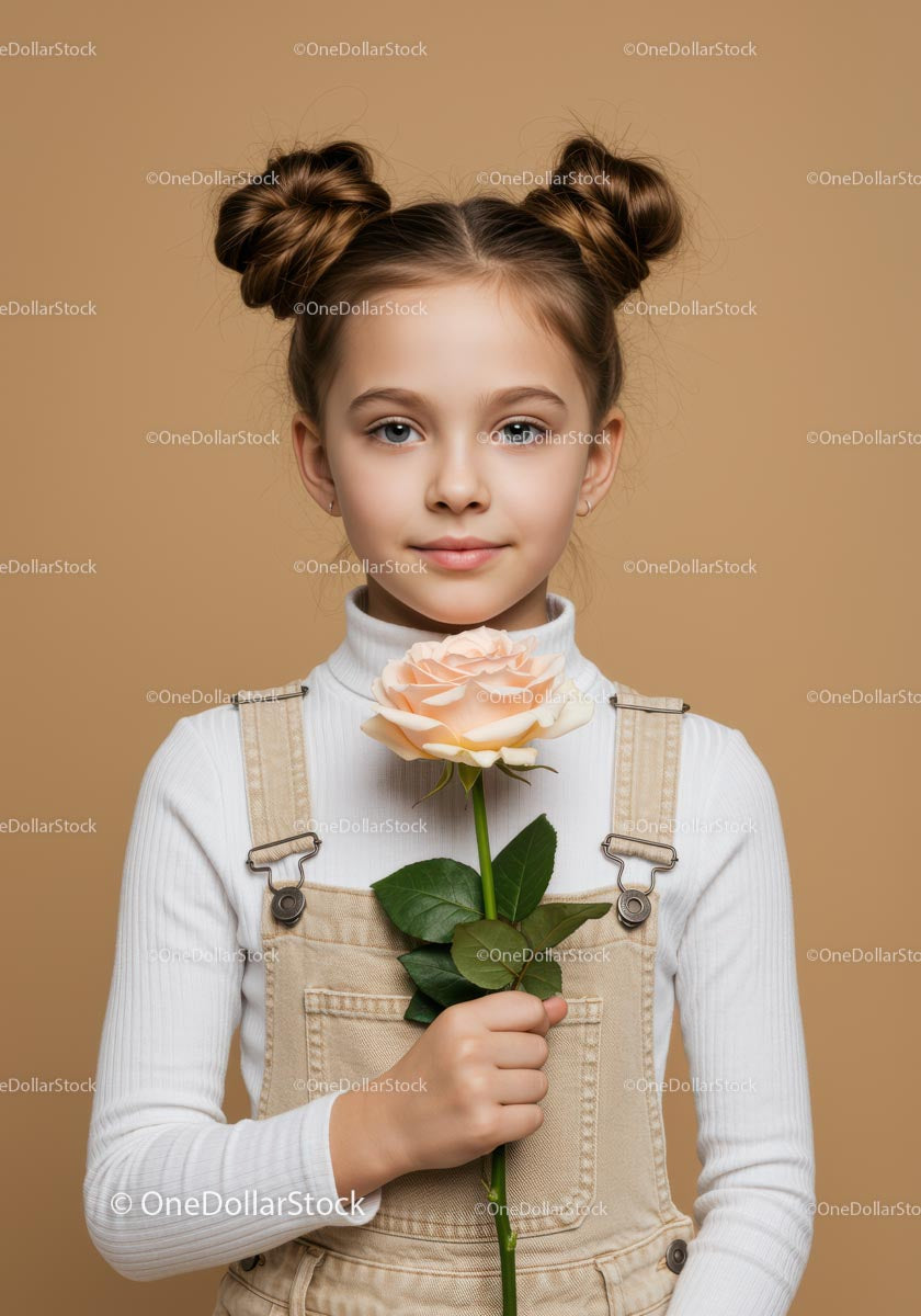 Young Girl with Pale Peach Rose Portrait on Soft Beige Background