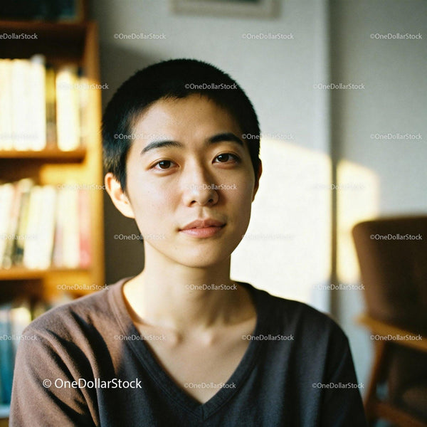 Calm young person with short hair in soft indoor light
