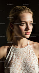 Elegant Blonde Woman in Lace Top with Soft Lighting
