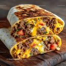 Juicy Beef and Cheese Burrito with Fresh Vegetables on Wooden Surface