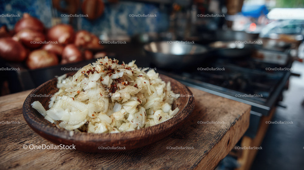 Fresh homemade sauerkraut on rustic wooden table in street food setting
