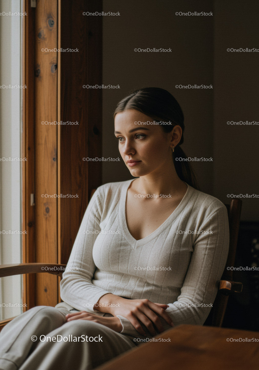Serene Woman Sitting by Wooden Window in Cozy Modern Interior