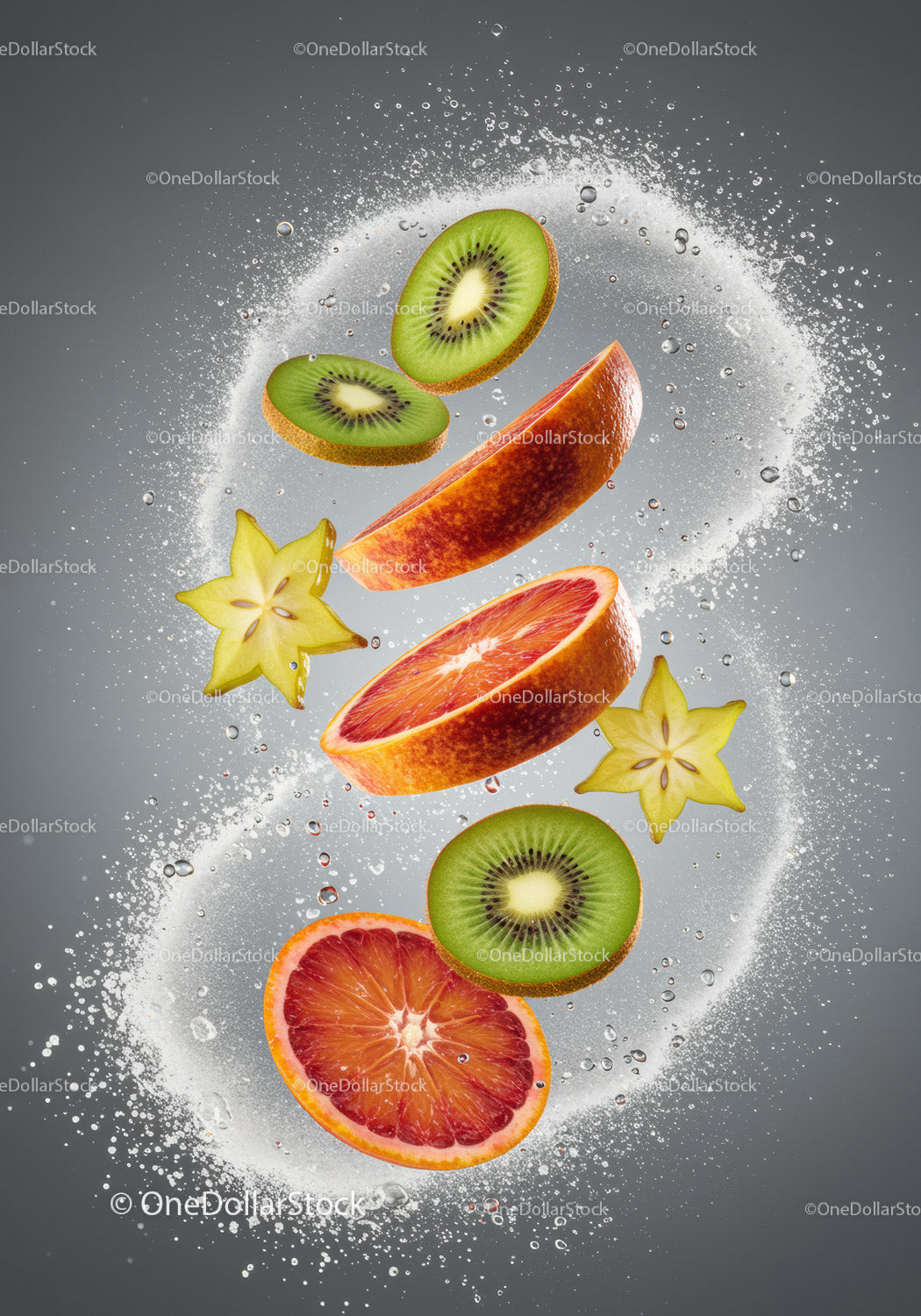 Fresh sliced kiwi starfruit and blood orange splash