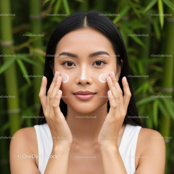 Young Woman Applying Face Cream with a Natural Background