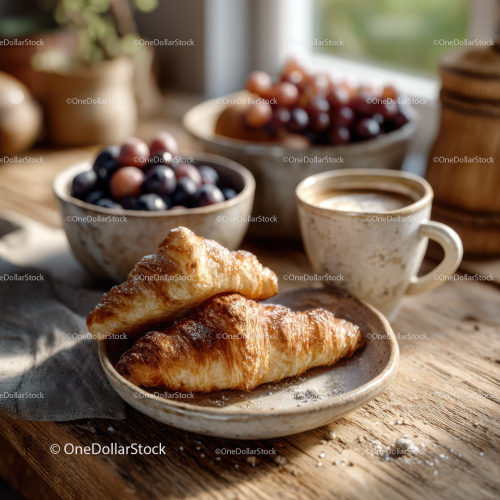 Świeże croissanty z jagodami i kawą w przytulnym śniadaniowym otoczeniu