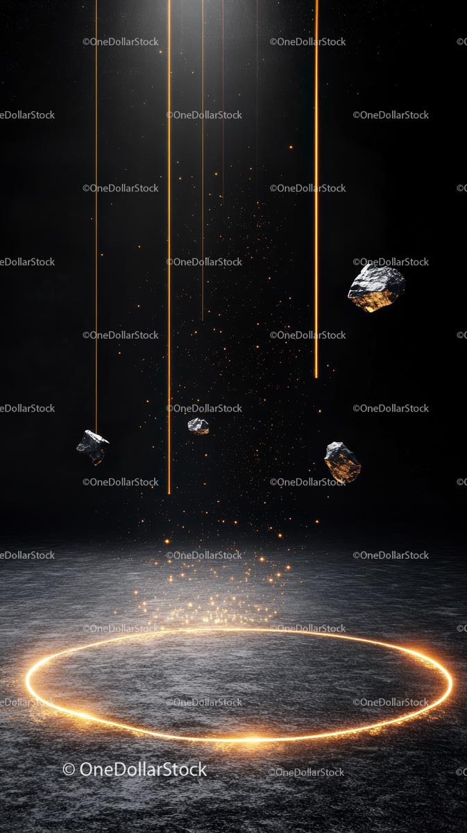 Futuristic Space Scene with Asteroids and Glowing Cosmic Rings