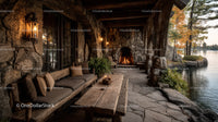 Rustic Riverside Cabin with Stone Fireplace Surrounded by Autumn Foliage