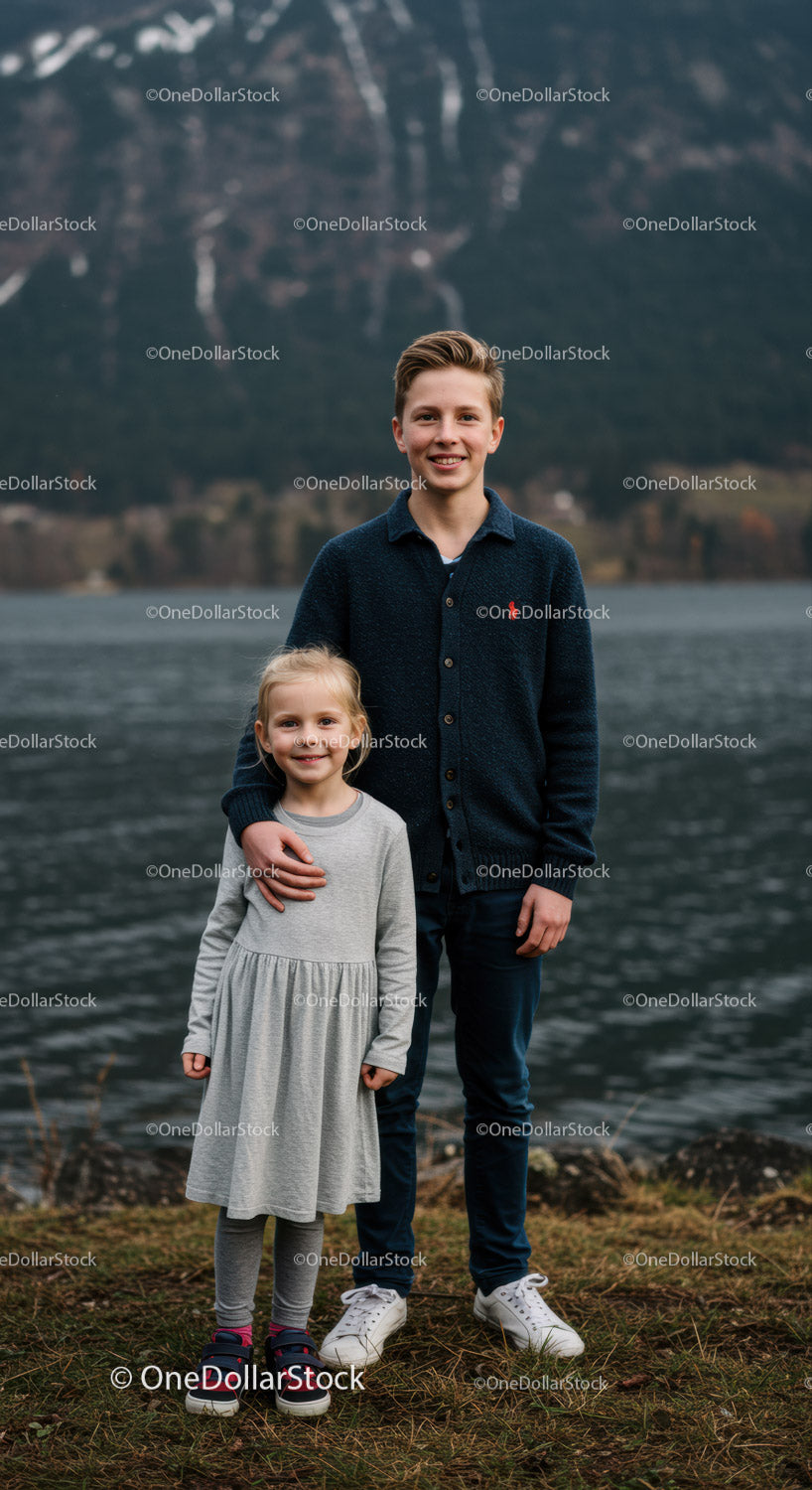 Young Siblings Enjoying Playful Moment by Lake with Mountain View