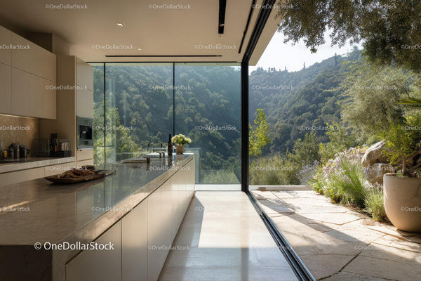 Modern Kitchen with Mountain View and Lush Greenery Outdoors