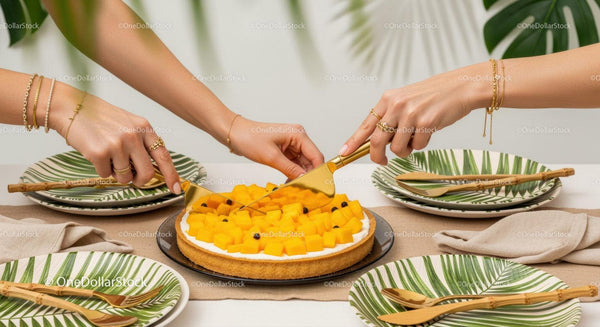 People Sharing Mango Cake During Summer Celebration with Tropical Decor