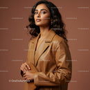 Elegant Woman in Brown Leather Blazer with Stylish Accessories