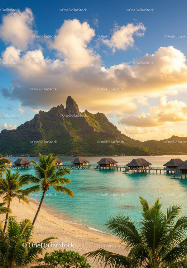 Exotic Tropical Island with Overwater Bungalows and Scenic Mountain
