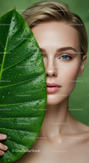 Portrait of a Young Woman with Blue Eyes and a Green Leaf