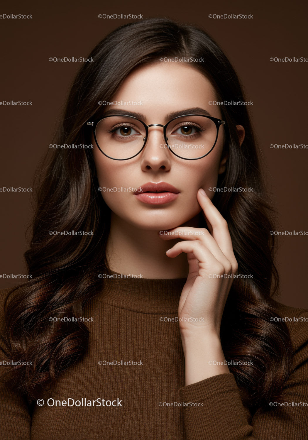Elegant Young Woman Wearing Glasses with Brunette Hair in Studio Portrait