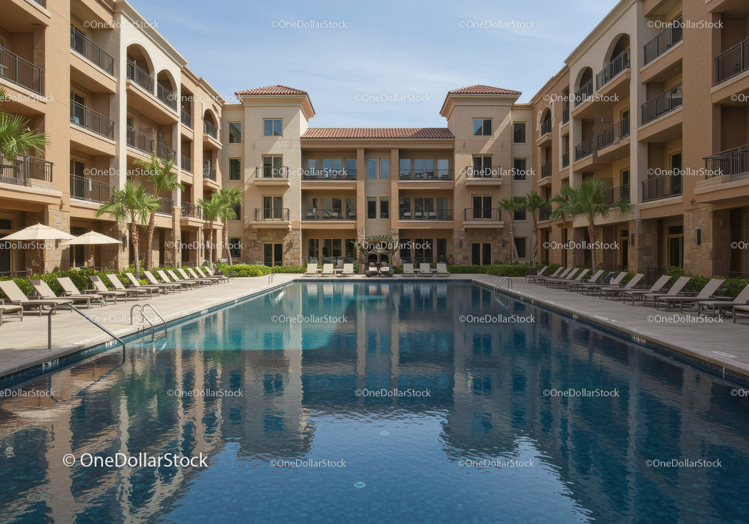 Modern Luxury Apartment Complex with Relaxing Swimming Pool and Tropical Landscaping