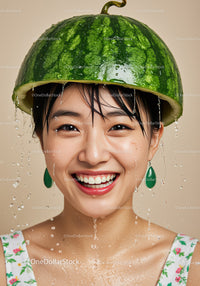Smiling woman wearing watermelon helmet with dripping water