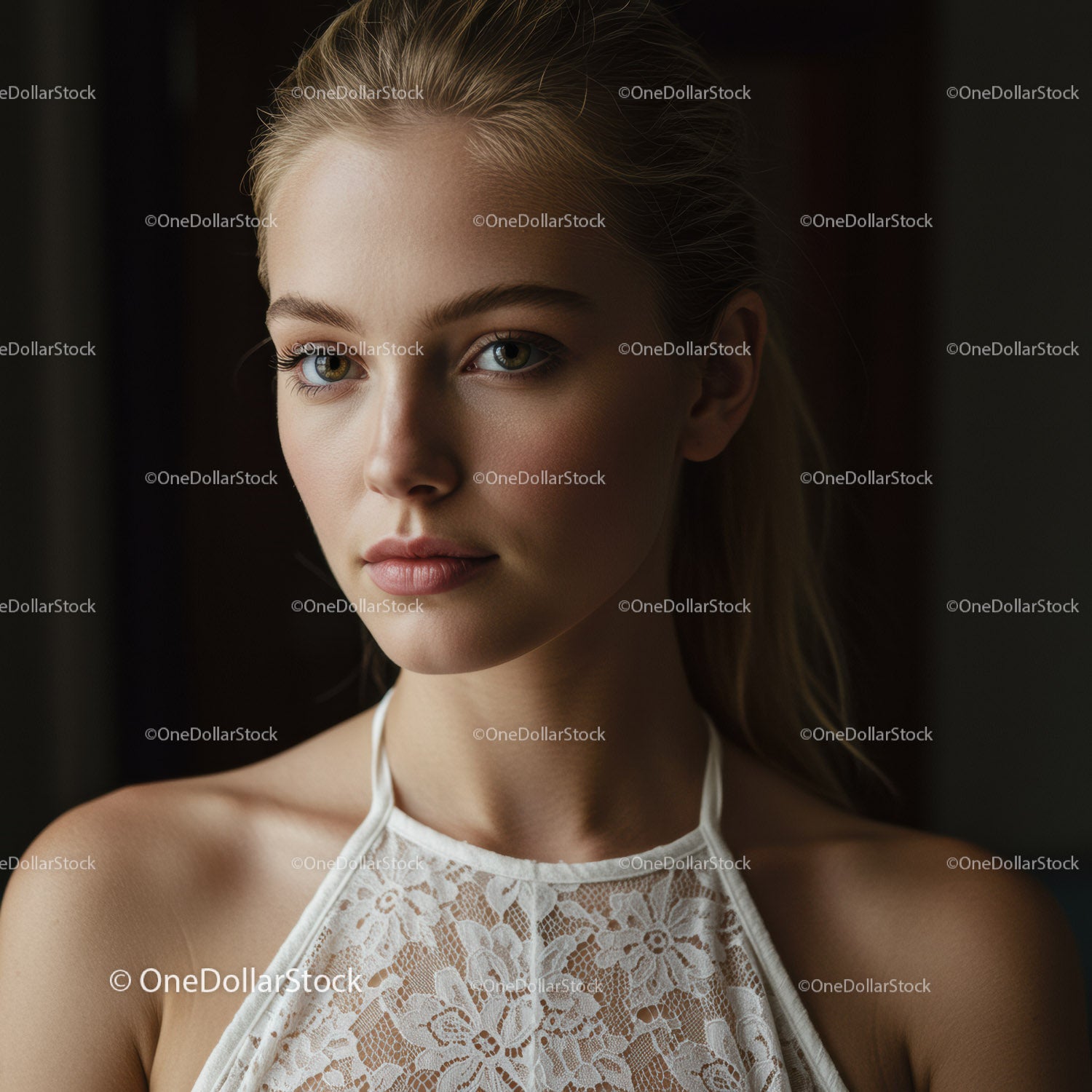 Portrait of Elegant Young Woman with Blue Eyes in Lace Dress