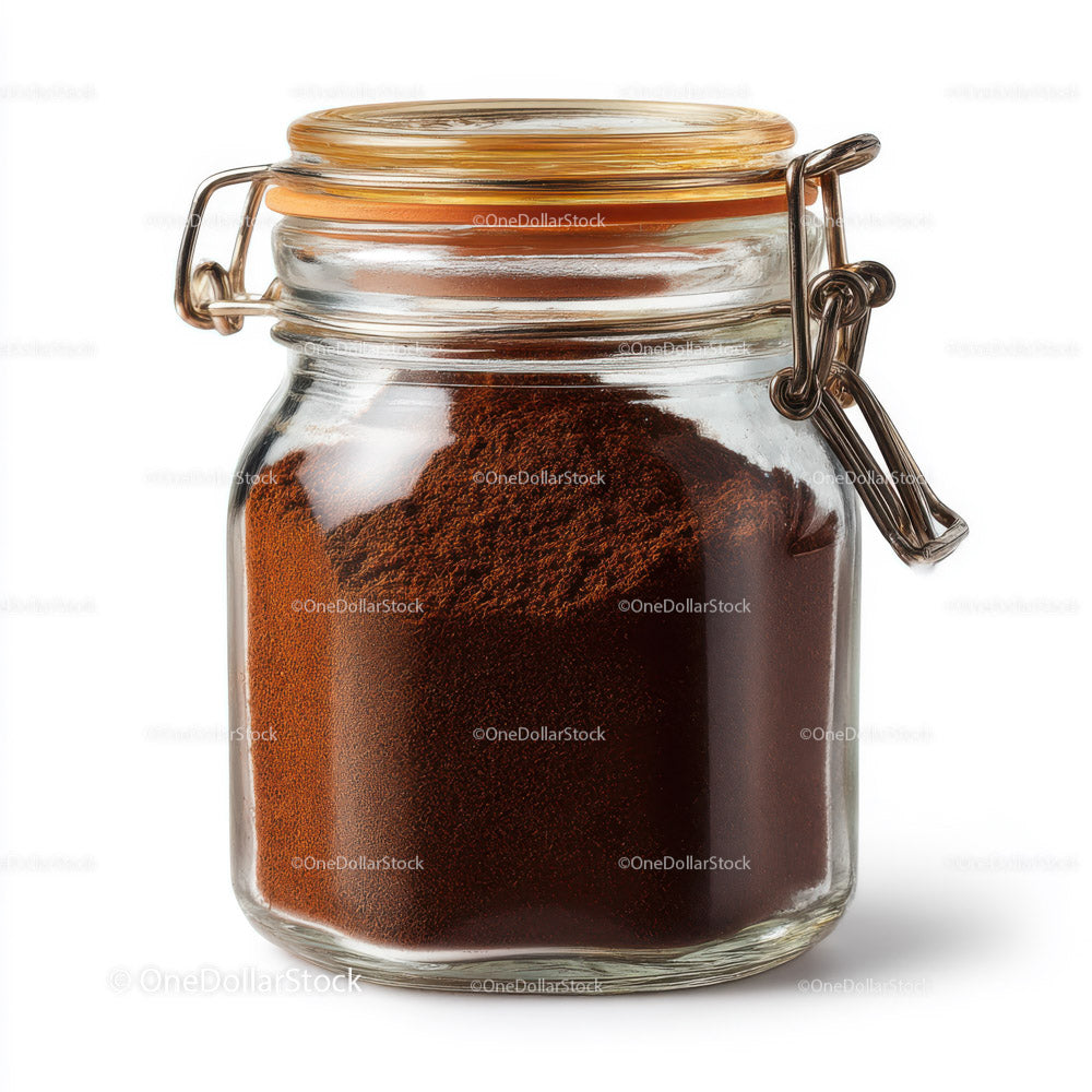 Glass Jar Filled with Fine Ground Coffee and Coffee Beans