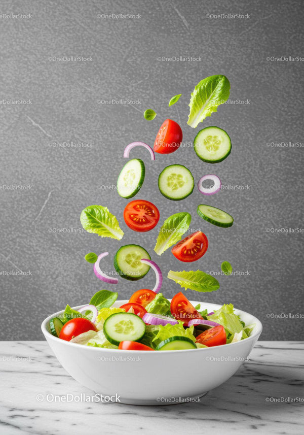 Fresh vegetables tossed in white bowl with flying slices