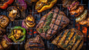 Juicy Steak and Veggies Grilled on Charcoal Grill for Summer BBQ