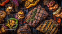 Juicy Steak and Veggies Grilled on Charcoal Grill for Summer BBQ