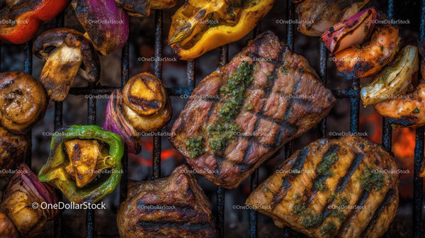 Juicy Steak and Veggies Grilled on Charcoal Grill for Summer BBQ