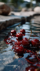 Close-up of Ripe Red Cherries on Rocks by River in Nature