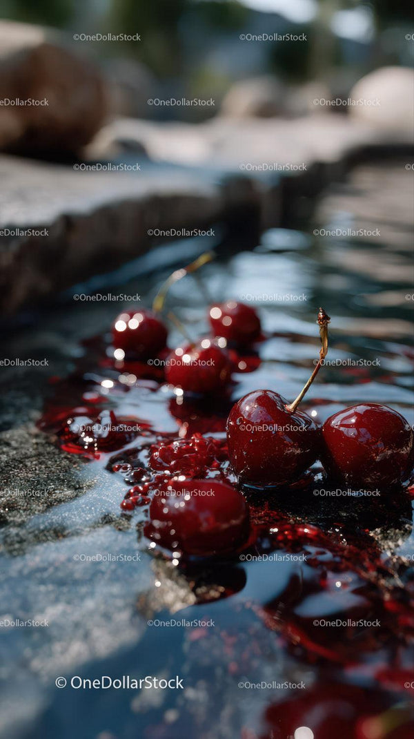 Close-up of Ripe Red Cherries on Rocks by River in Nature