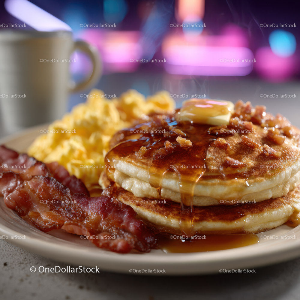 Stack of Fluffy Pancakes with Bacon and Syrup in Cozy Breakfast Setting